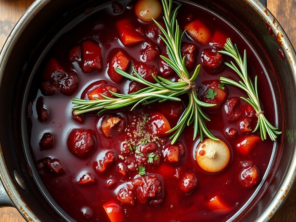 A pot of rich red wine sauce with herbs and vegetables.