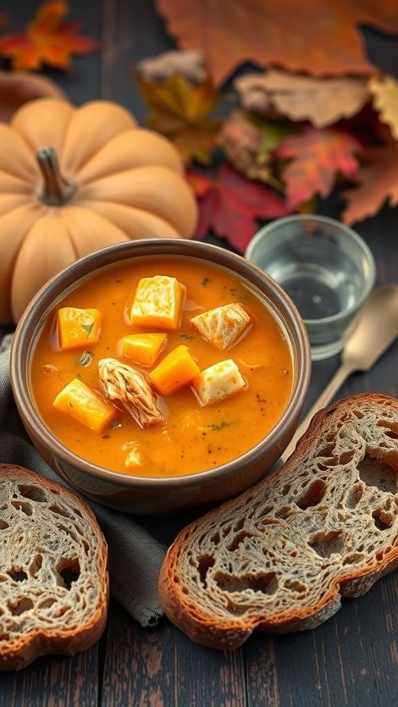 A bowl of creamy pumpkin and chicken soup with chunks of chicken and pumpkin, served alongside slices of crusty bread.