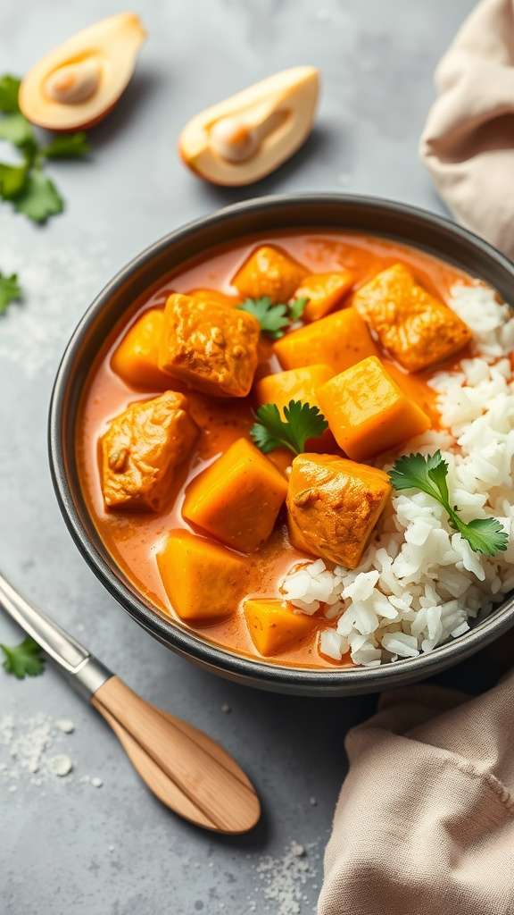 Bowl of pumpkin chicken curry with rice and cilantro