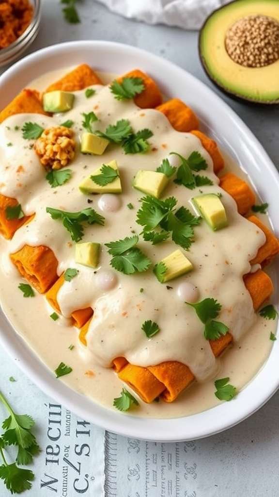A plate of pumpkin chicken enchiladas topped with creamy sauce, avocado, and cilantro.