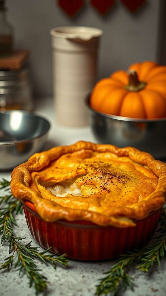 A freshly baked pumpkin chicken pot pie with a golden flaky crust, sitting on a table with pumpkins and herbs.