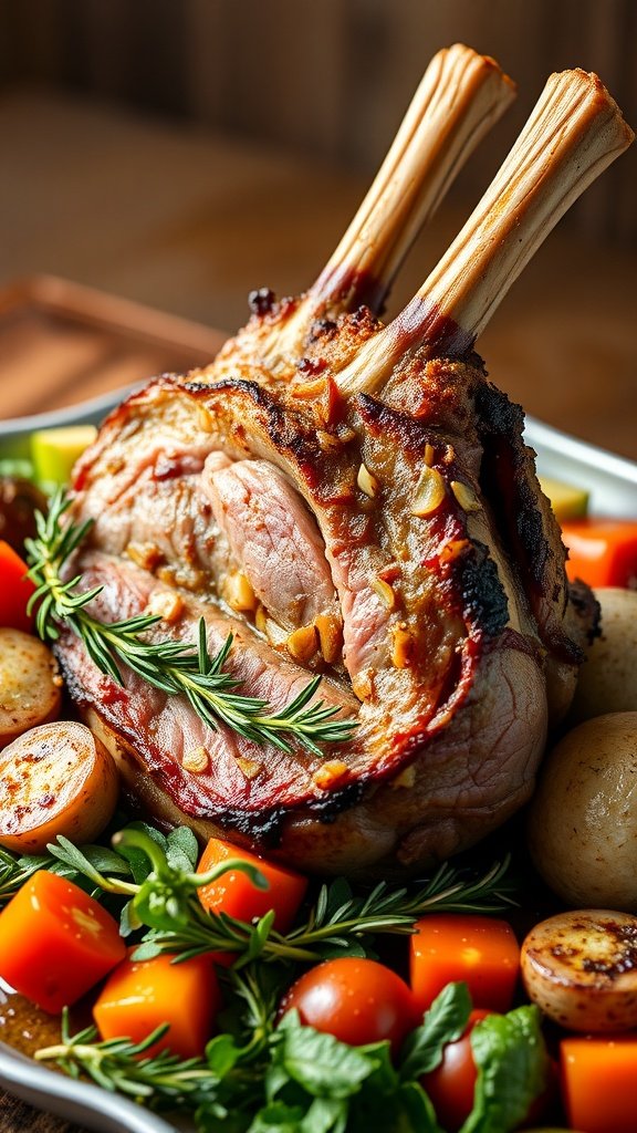 A beautifully roasted rack of lamb garnished with rosemary, surrounded by colorful vegetables.