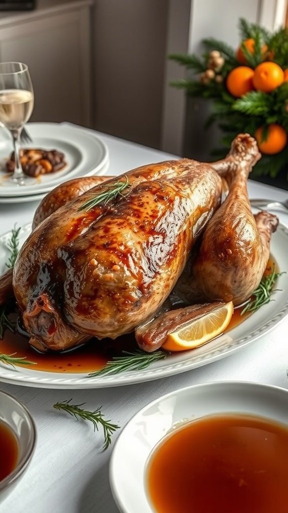 Roast goose garnished with rosemary and citrus, served with gravy on a festive table.