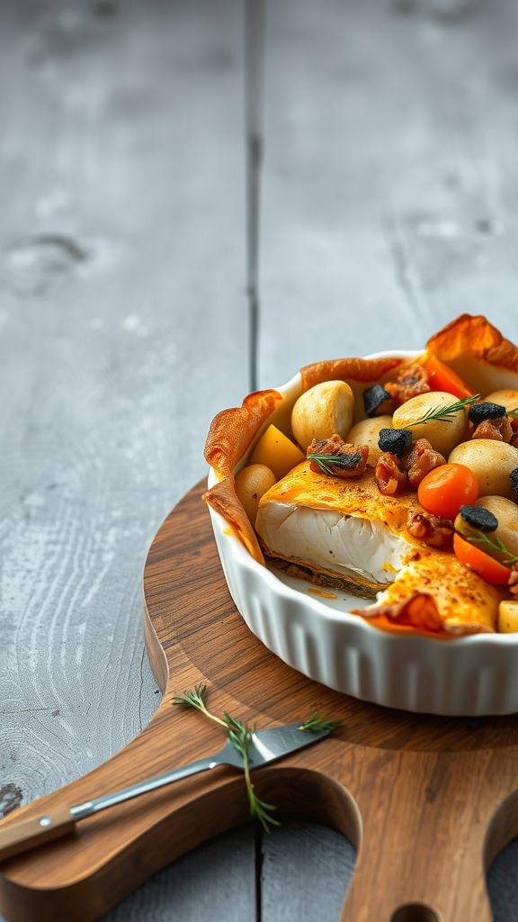 with vegetables in a white dish on a wooden board.
