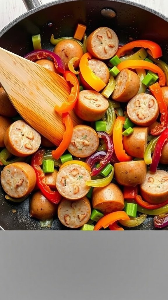 A pan filled with sausage, colorful peppers, and onions.
