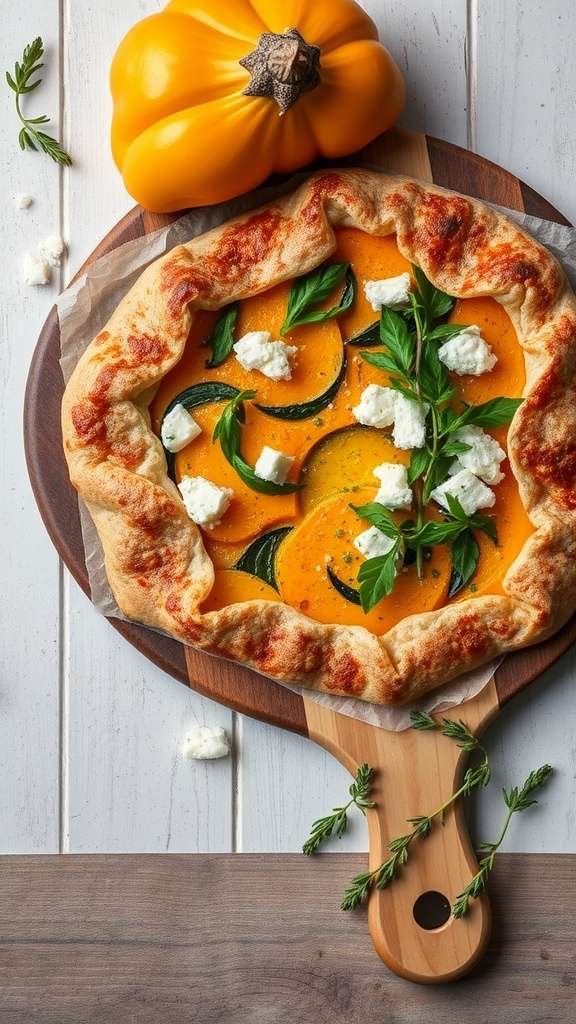 A rustic butternut squash galette topped with herbs and cheese, placed on a wooden board.