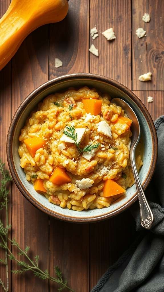 A bowl of butternut squash risotto topped with cheese and herbs.