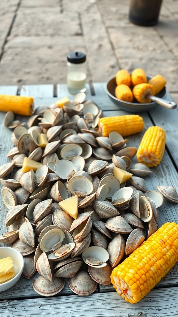 A spread of empty clam shells, butter, and corn on a rustic wooden table