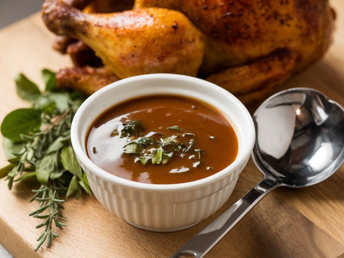A bowl of savory homemade gravy with fresh herbs, next to a perfectly roasted chicken.
