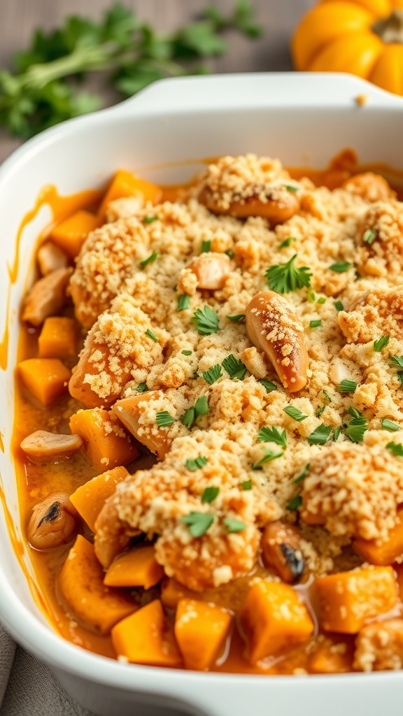 A hearty pumpkin chicken casserole topped with breadcrumbs and garnished with parsley.