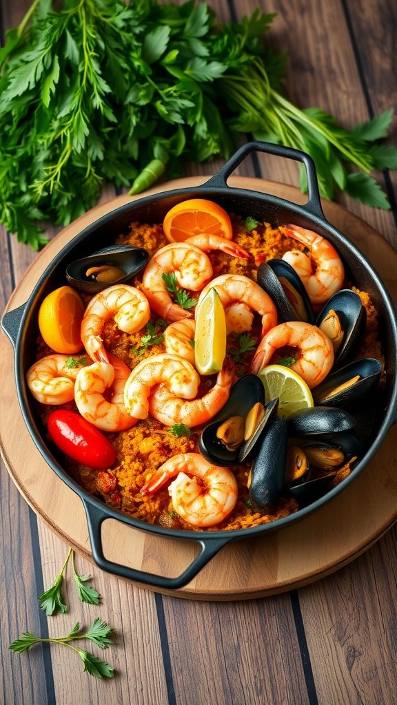 with shrimp and mussels, garnished with lemon and parsley.
