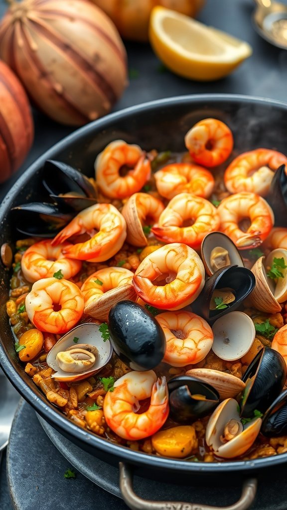 A delicious seafood paella with shrimp, mussels, and clams in a pan.