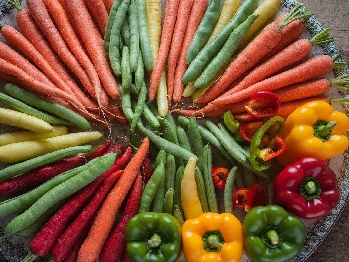 A vibrant assortment of seasonal vegetables including carrots, green beans, and bell peppers.