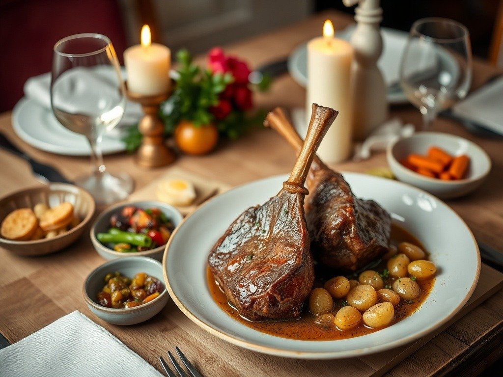 A beautifully plated dish of slow-braised lamb shanks with potatoes, surrounded by elegant table settings.