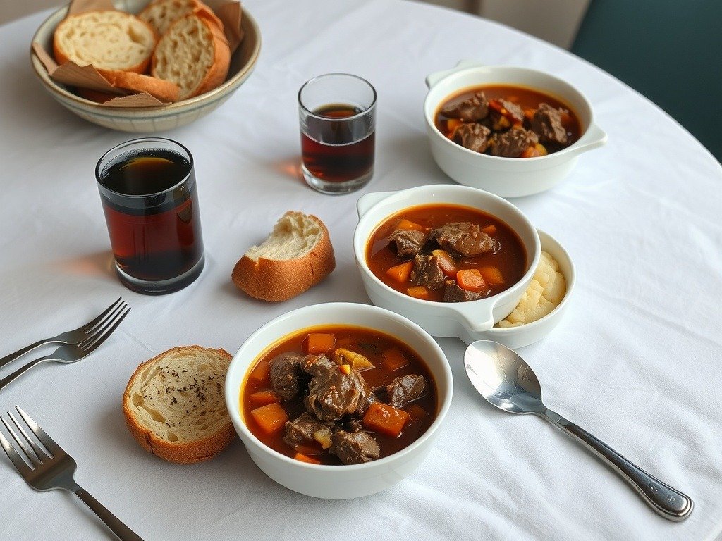 A table set with bowls of beef and ale stew, crusty bread, and drinks.