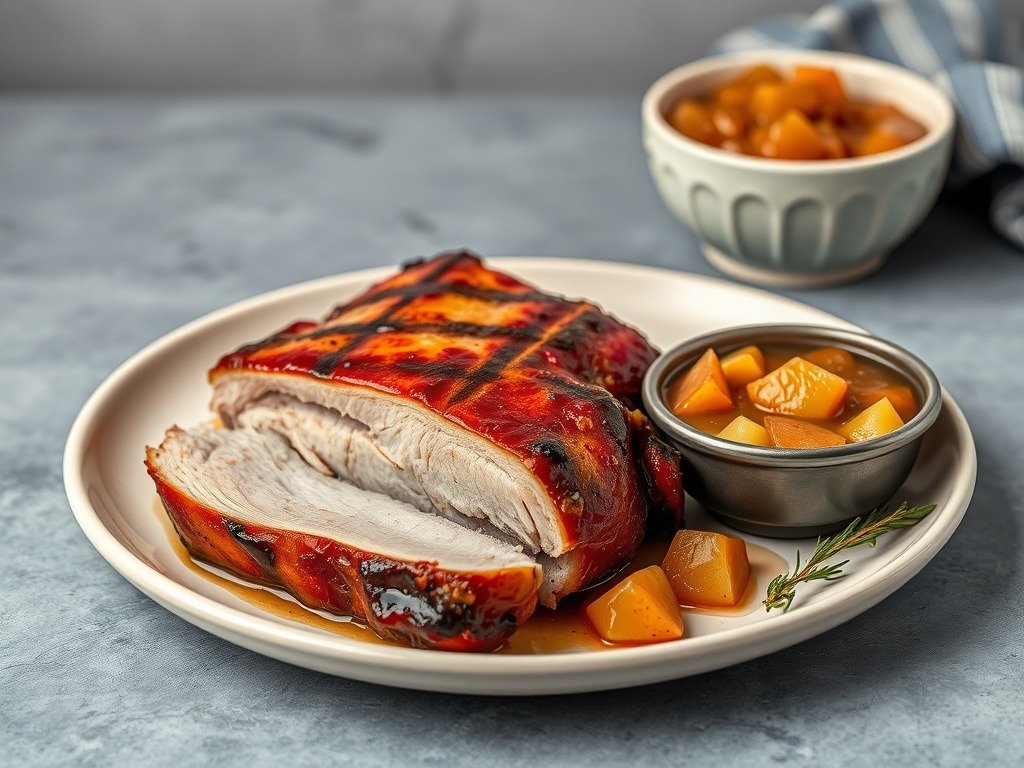 Roast pork belly with crackling, served with applesauce, roasted potatoes, and seasonal vegetables.