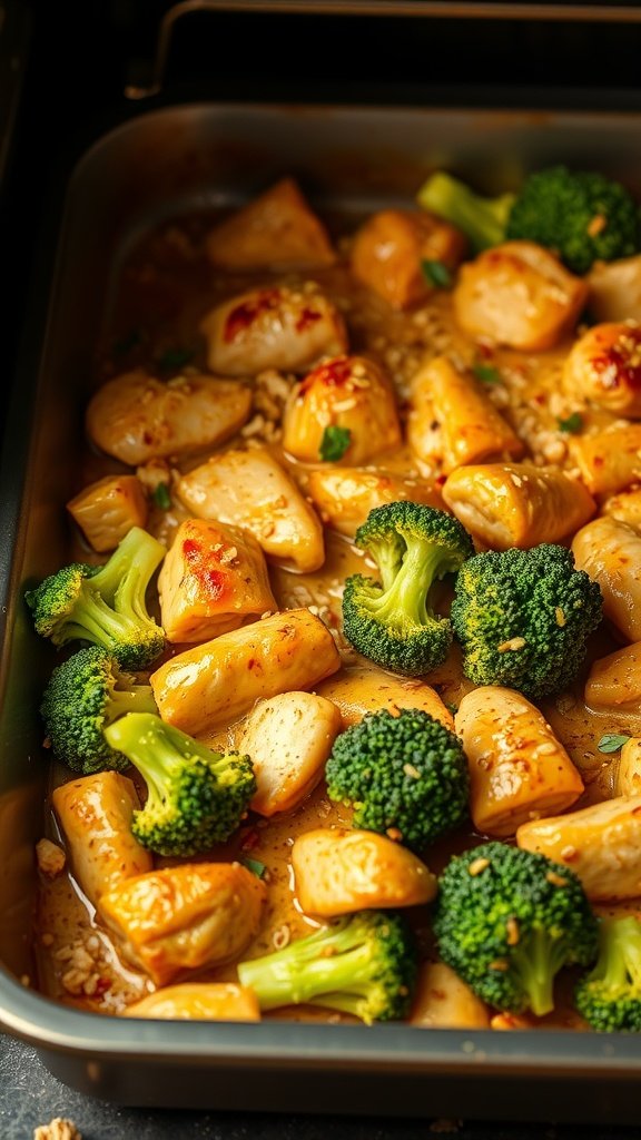 A casserole dish filled with sesame chicken pieces and broccoli, coated in a savory sauce.