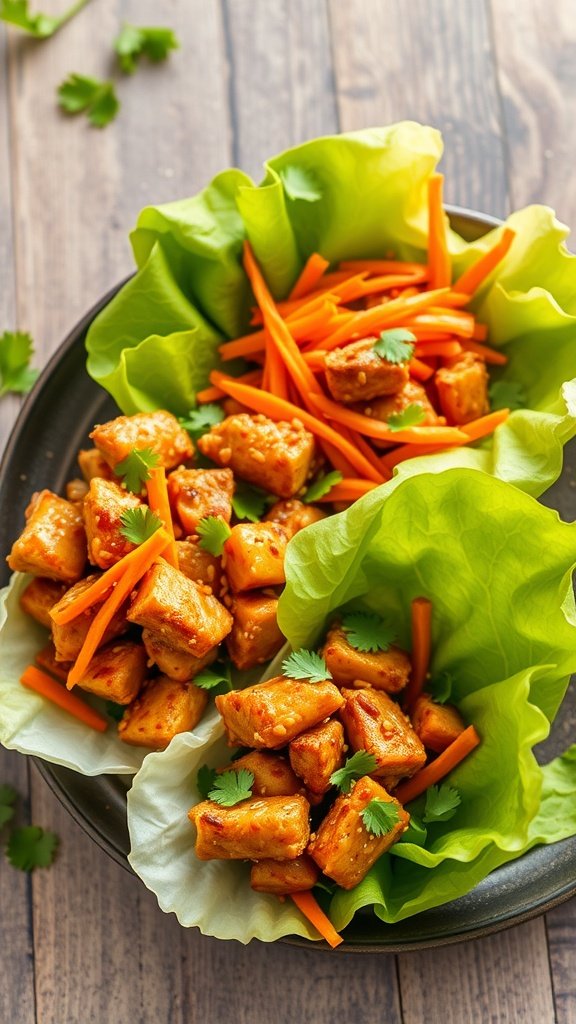 A plate of sesame chicken lettuce wraps with carrots and cilantro
