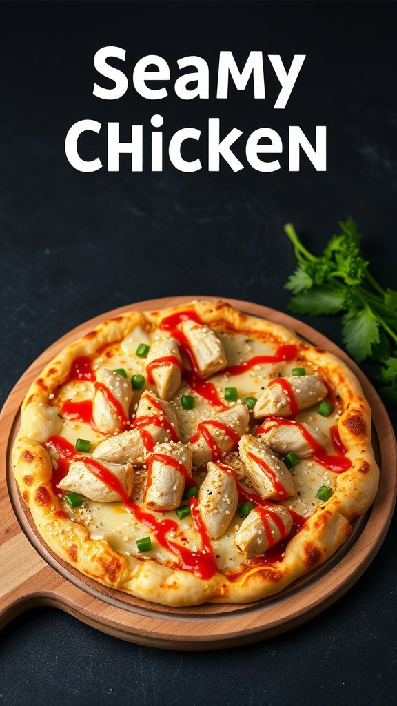A pizza topped with sesame chicken, cheese, and sweet chili sauce on a wooden board.
