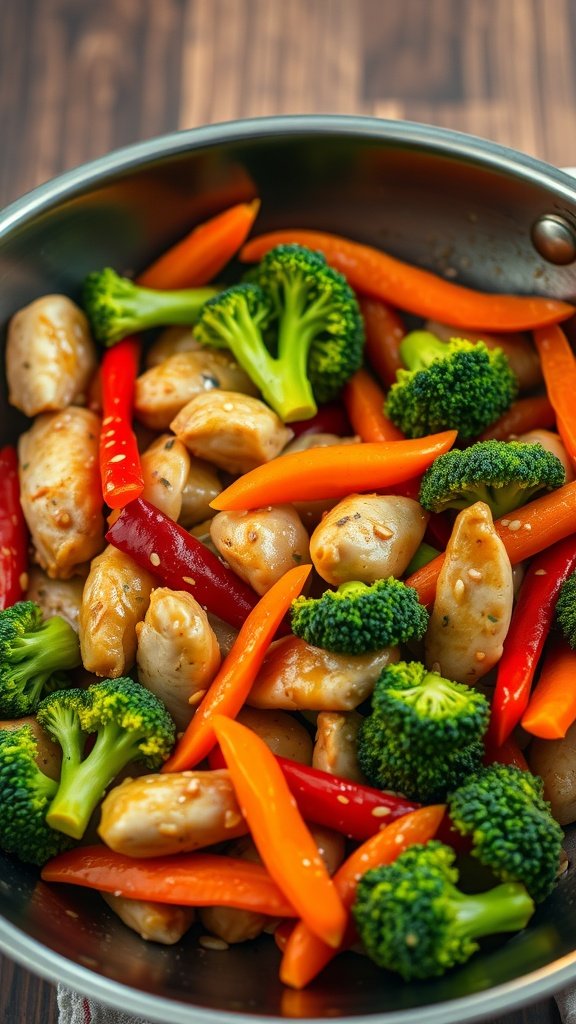 A vibrant stir-fry of sesame chicken and mixed vegetables including broccoli and bell peppers.