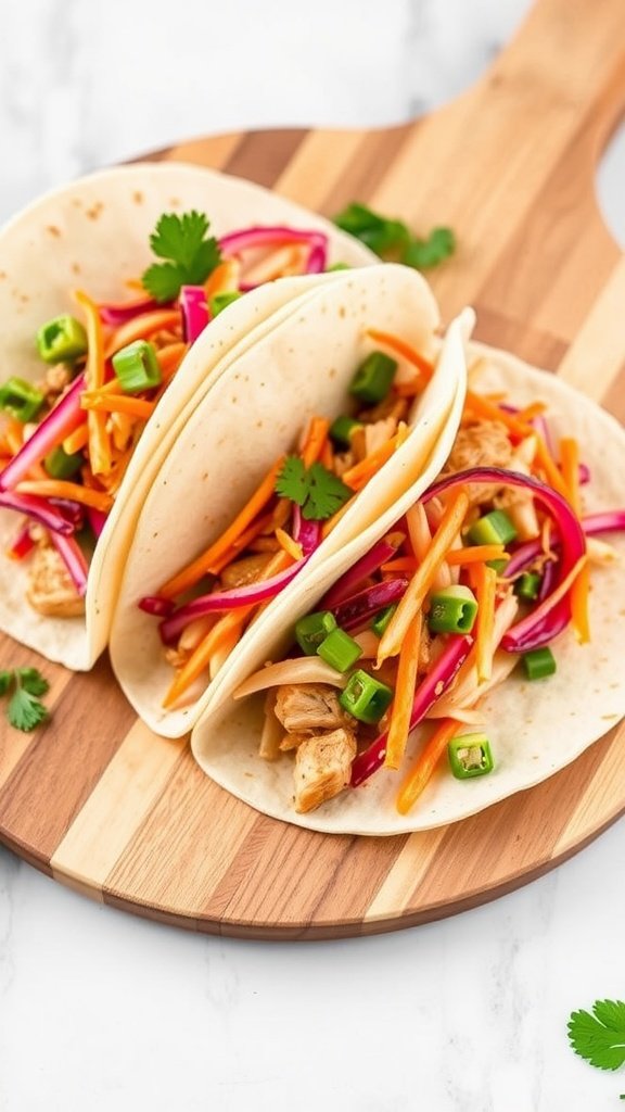 Two tacos filled with shredded carrots, red cabbage, green onions, and sesame chicken on a wooden cutting board.