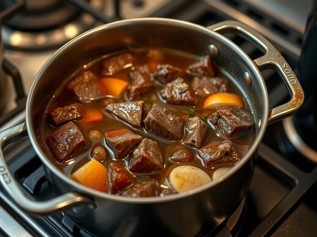 A pot of beef and ale stew simmering with carrots and parsnips.