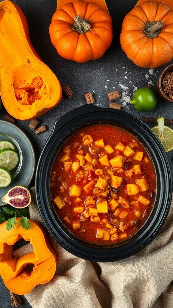 A bowl of slow-cooked butternut squash chili surrounded by fresh ingredients including butternut squash and limes.