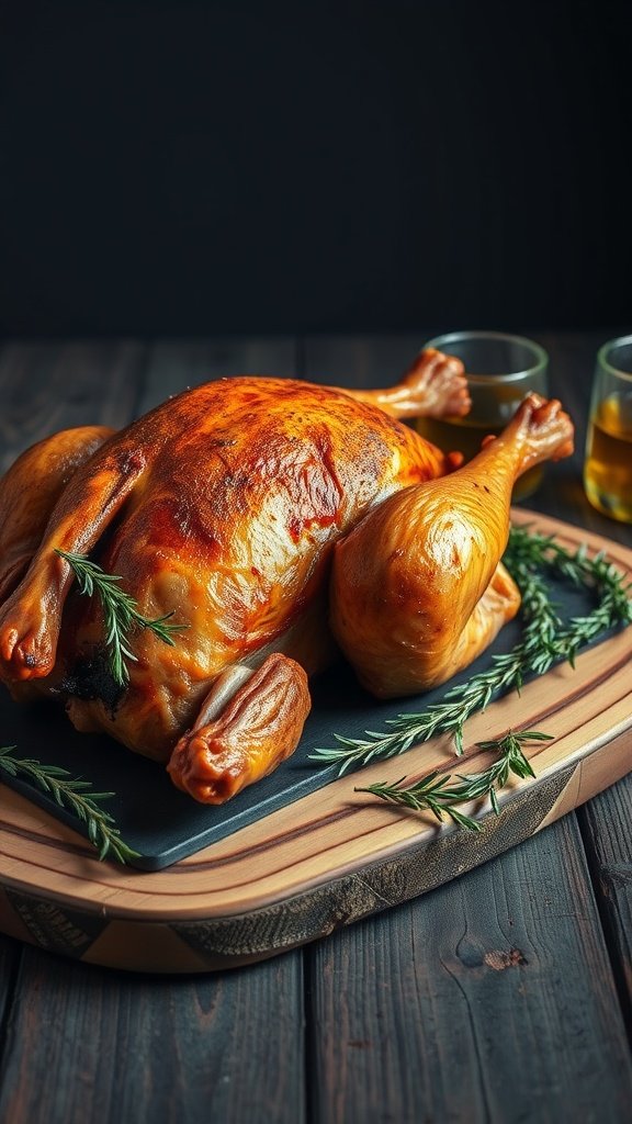 A beautifully roasted goose garnished with rosemary, served on a wooden platter.