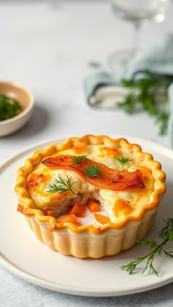 A delicious smoked salmon and dill fish pie in a tart dish, garnished with fresh dill.