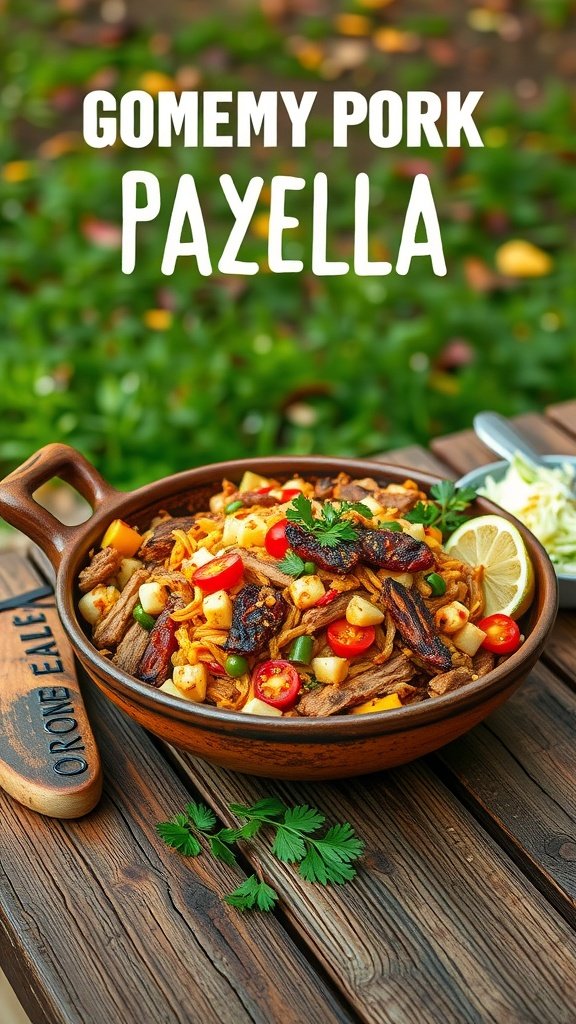 Smoky BBQ Pulled Pork Paella served in a bowl with colorful vegetables and a lemon wedge