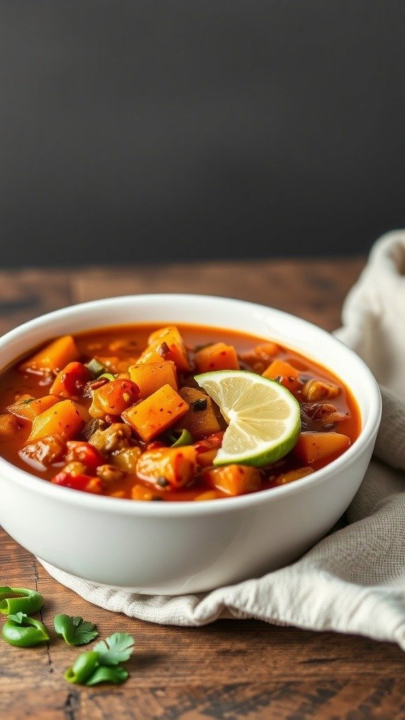 A bowl of smoky butternut squash chili garnished with lime and fresh herbs.