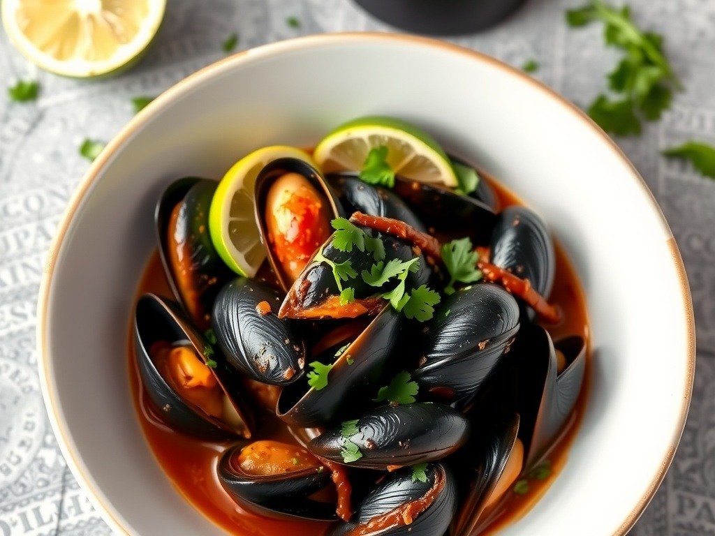 A bowl of smoky chipotle mussels garnished with lime and cilantro.