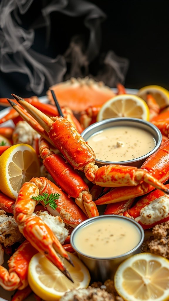 A platter of spicy crab legs with garlic butter sauce and lemon slices.