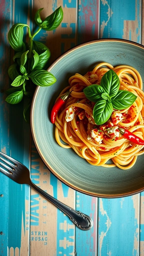 A bowl of spicy crab linguine garnished with fresh basil and red pepper flakes.