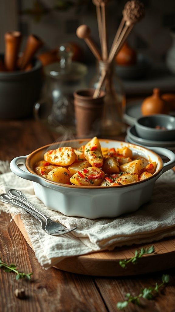 A beautifully presented spicy fish and potato pie with golden potatoes and herbs on a rustic table.