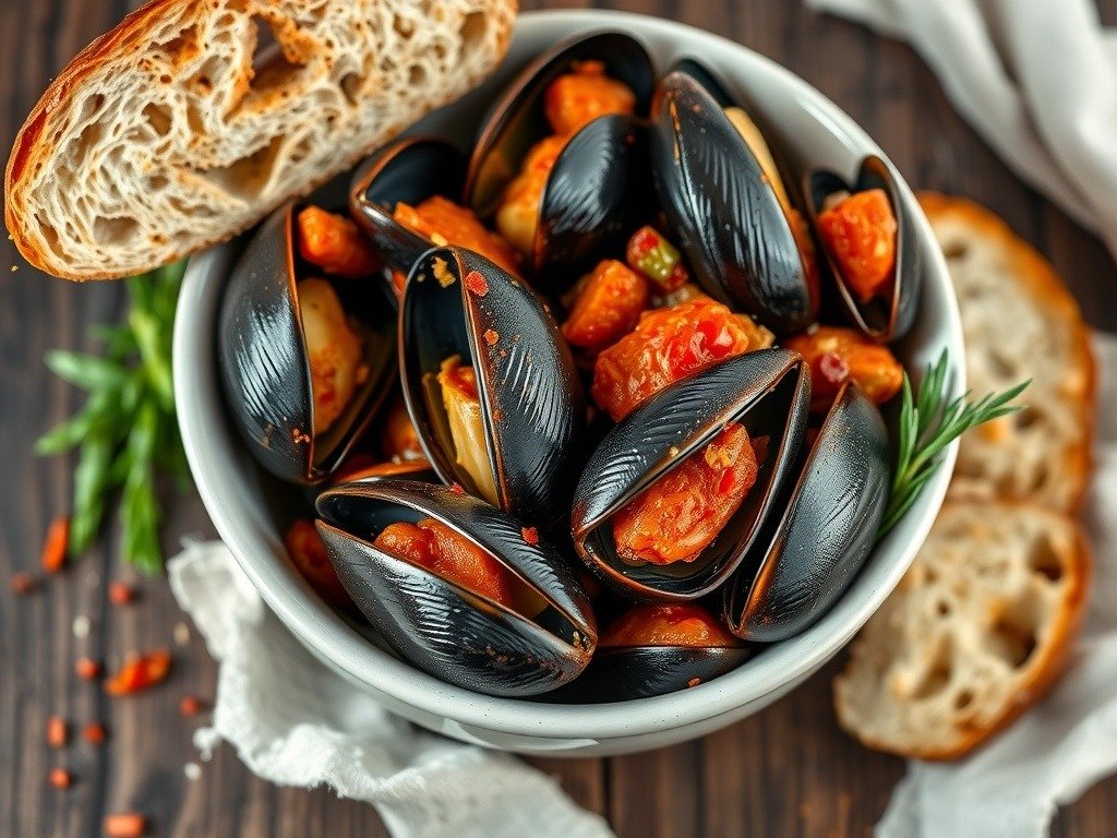 A bowl of mussels in a spicy tomato sauce with chorizo and crusty bread on the side.