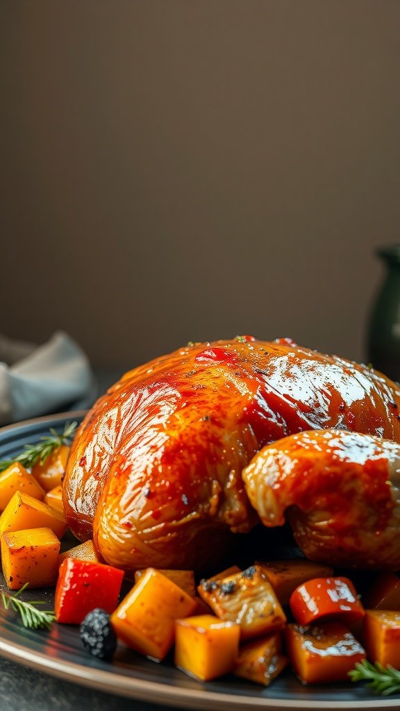 A beautifully roasted goose glazed with a spicy orange sauce, surrounded by colorful roasted vegetables.