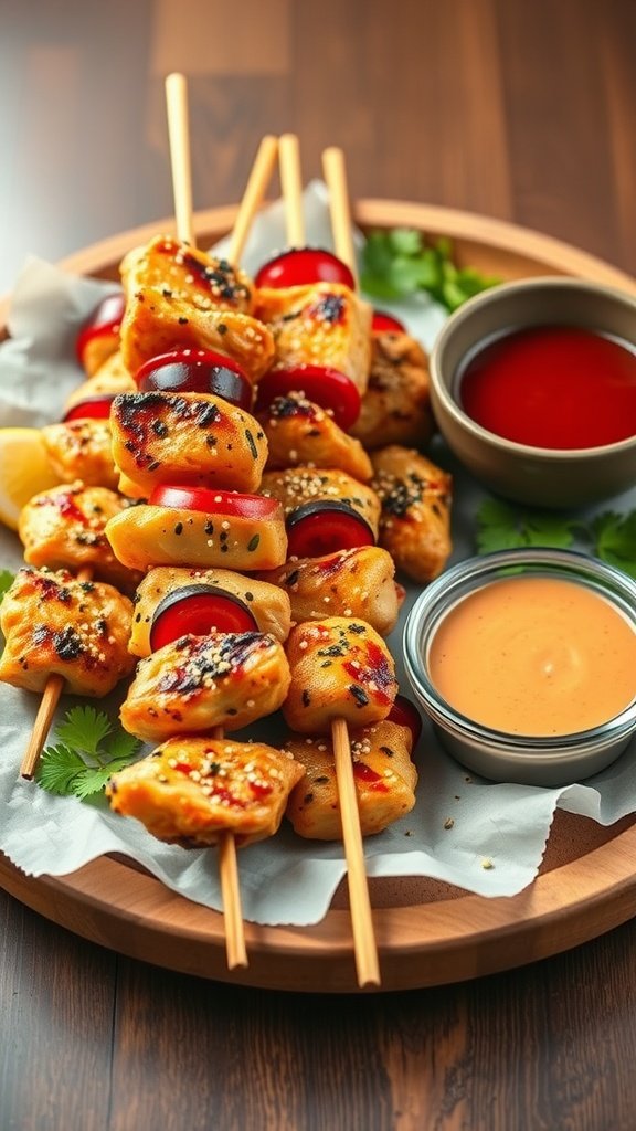 A platter of spicy sesame chicken skewers with vibrant veggies and dipping sauces.