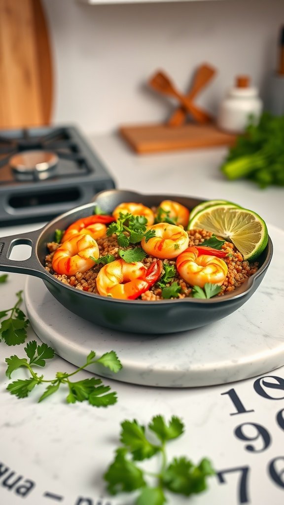 A skillet featuring shrimp and quinoa garnished with cilantro and lime slices.