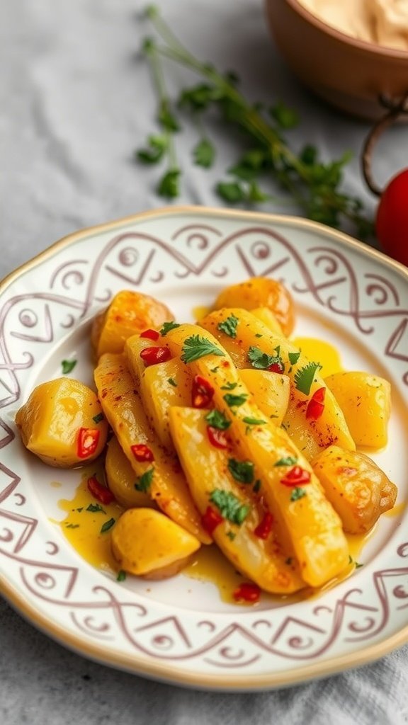 A plate of spicy smashed potatoes topped with red chili and fresh herbs.