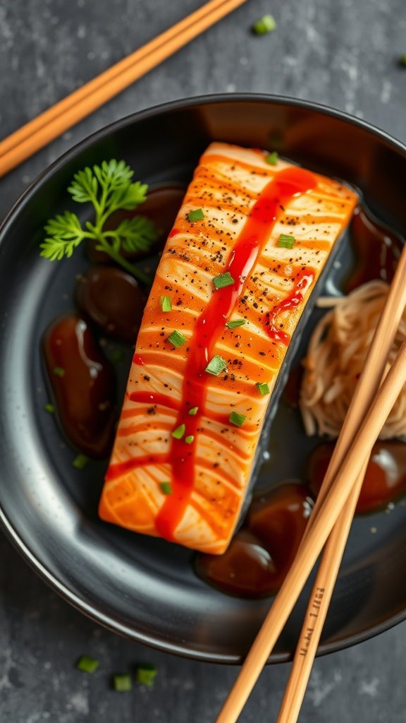 Delicious Spicy Sriracha Miso Salmon on a plate garnished with herbs and sauces.