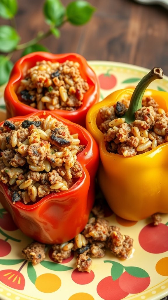 Stuffed bell peppers filled with lamb and rice on a colorful plate.