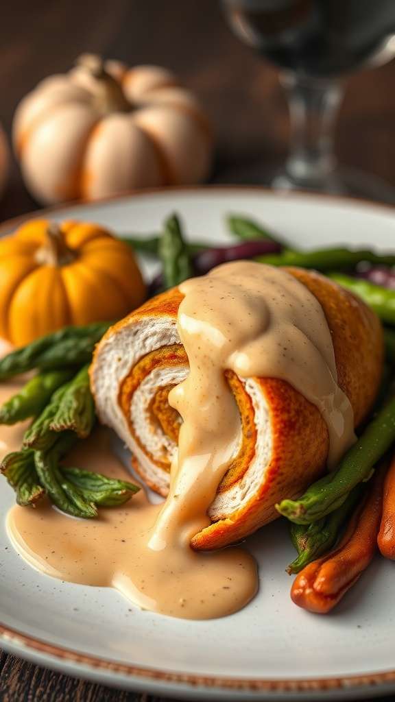 Stuffed chicken breast with pumpkin cream sauce, served with green beans and carrots.