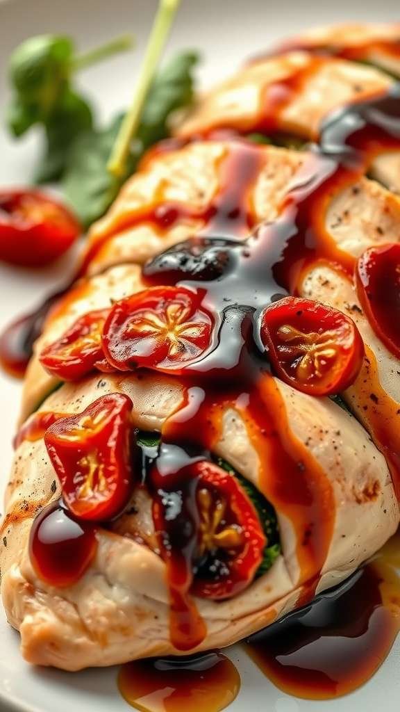 Stuffed chicken with sun-dried tomato and spinach, drizzled with sauce.