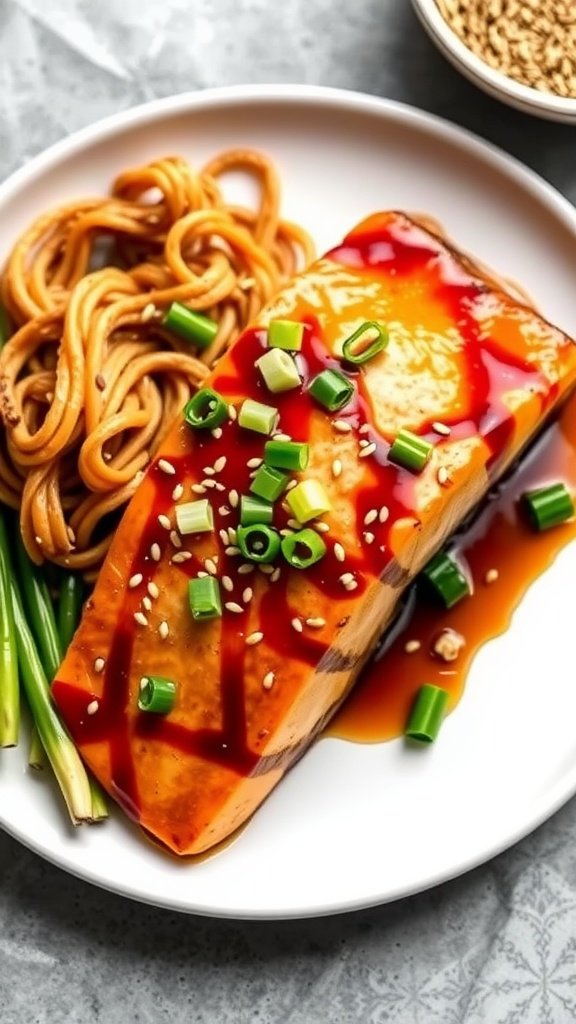 Sweet and Spicy Miso Glazed Salmon with noodles and garnishes