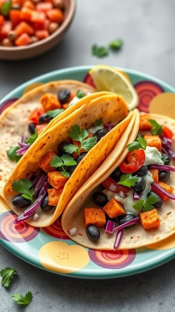 Colorful sweet potato and black bean tacos on a plate with lime and fresh toppings.