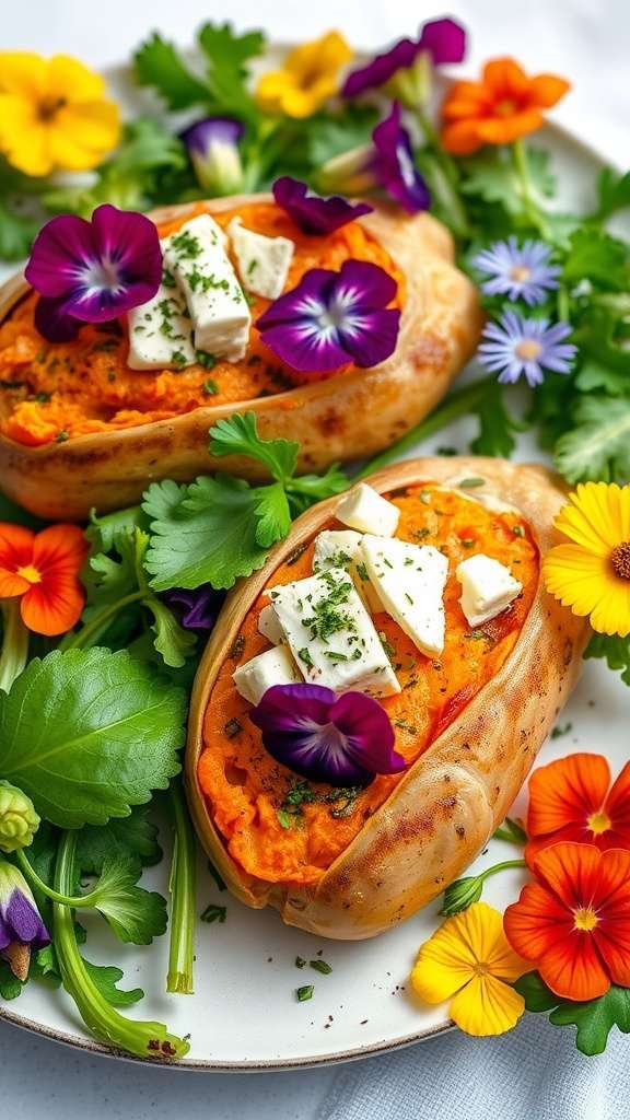 Stuffed sweet potato with feta and colorful edible flowers on a plate.