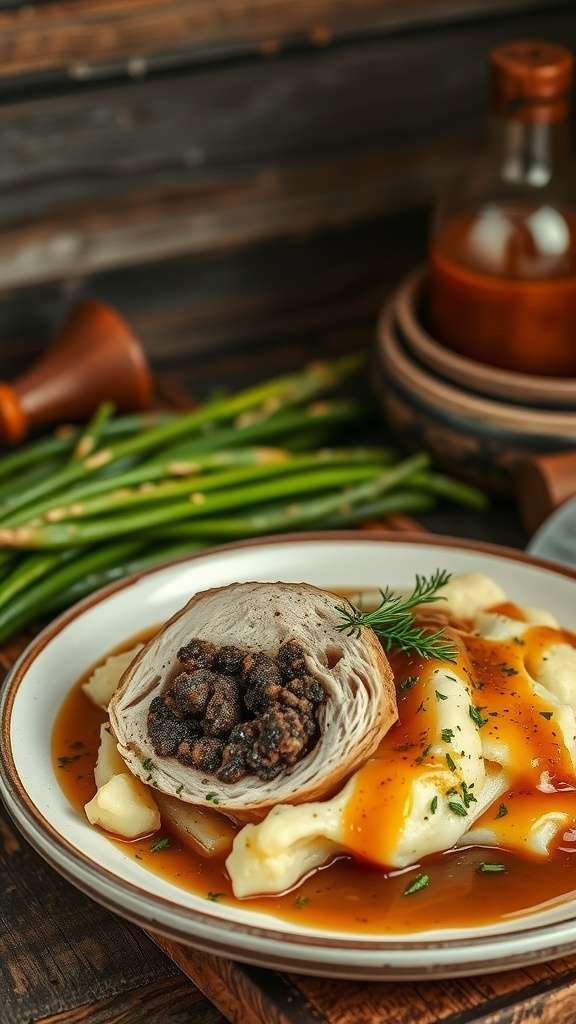 Stuffed chicken with black pudding filling served with mashed potatoes and gravy.