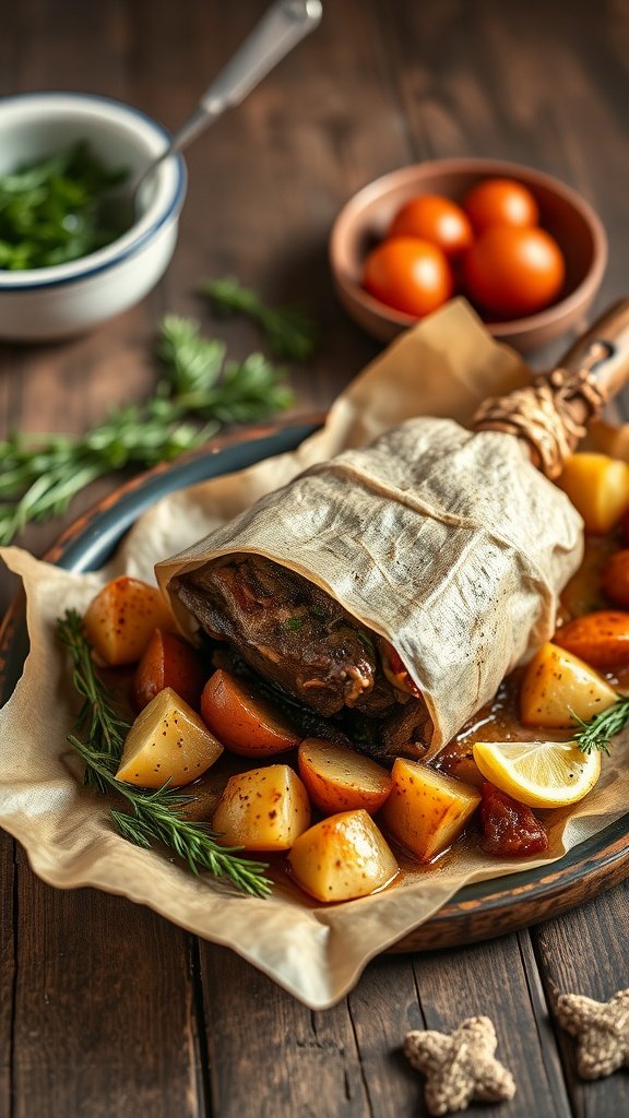 A beautifully presented plate of traditional Greek Lamb Kleftiko with roasted potatoes and herbs.