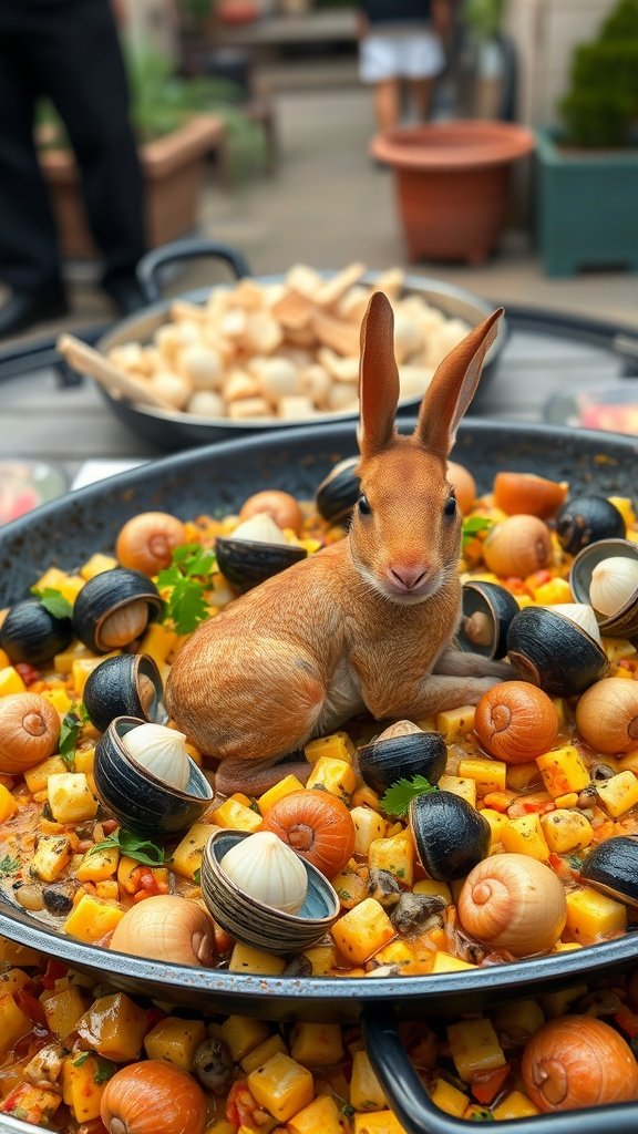 A traditional Valencian paella featuring rabbit and snails.